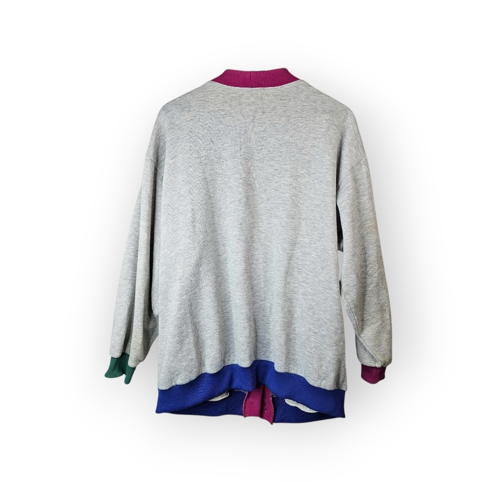 Vintage Colorblock Sweatshirt Cardigan Womens Gray Pink Green Blue Button Front - Picture 5 of 5